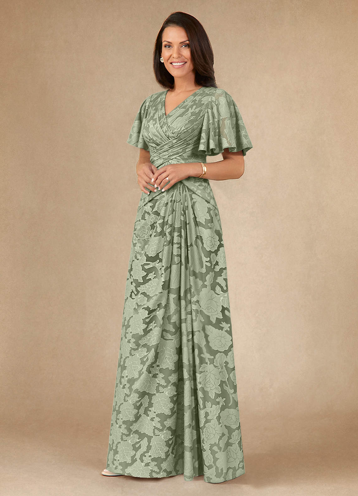 Azazie Emmeline Mother of the Bride Dresses Agave A-Line Pleated Floral Burnout Dress image2