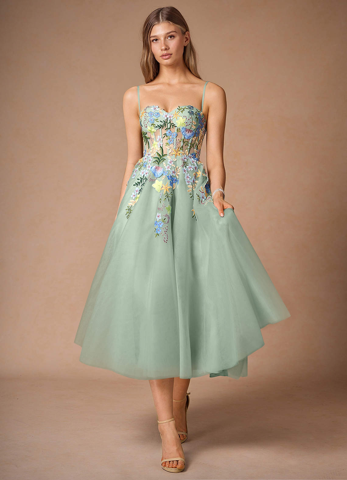 abacaxi アバカシー 20AW Mixed Media Dress ミックスメディアドレス 20040043002230 S グリーン ノースリーブ シアー フリンジ トップス【中古】【abacaxi】 Kelsey Green Floral Midi Dress Ready to Ship | Azazie CA