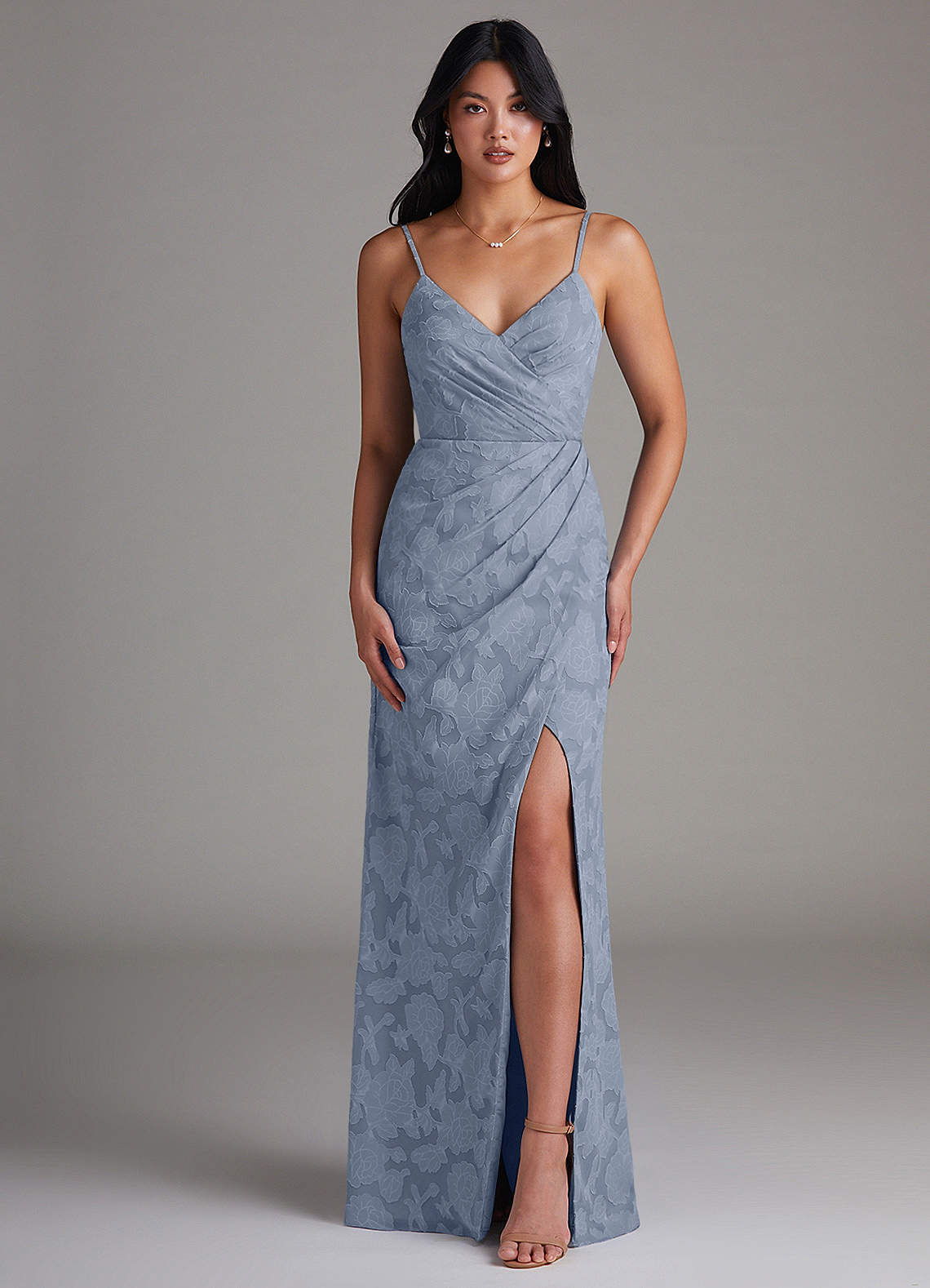 dusty blue spring dress Dusty Blue Cross-Back Plunge V Ruffle Maxi Prom Dress main image 1