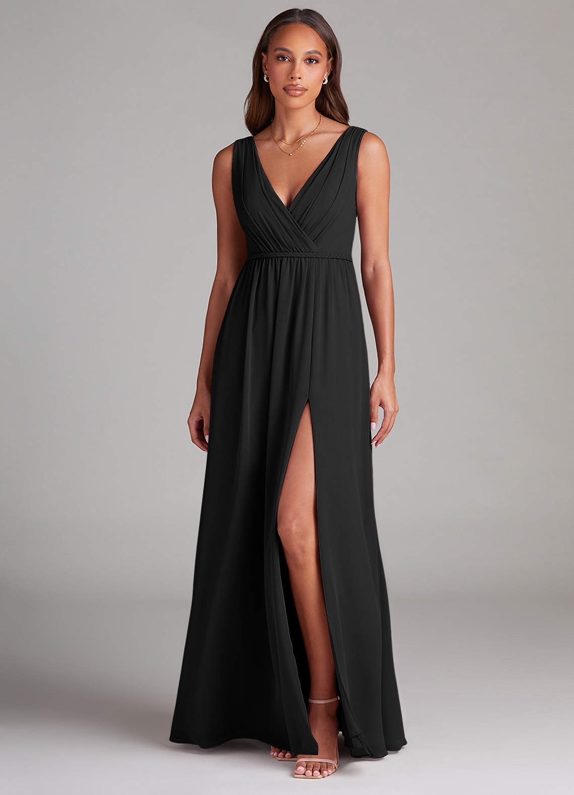 Azazie Tanicia Bridesmaid Dresses Black A-Line Pleated Chiffon Dress image1