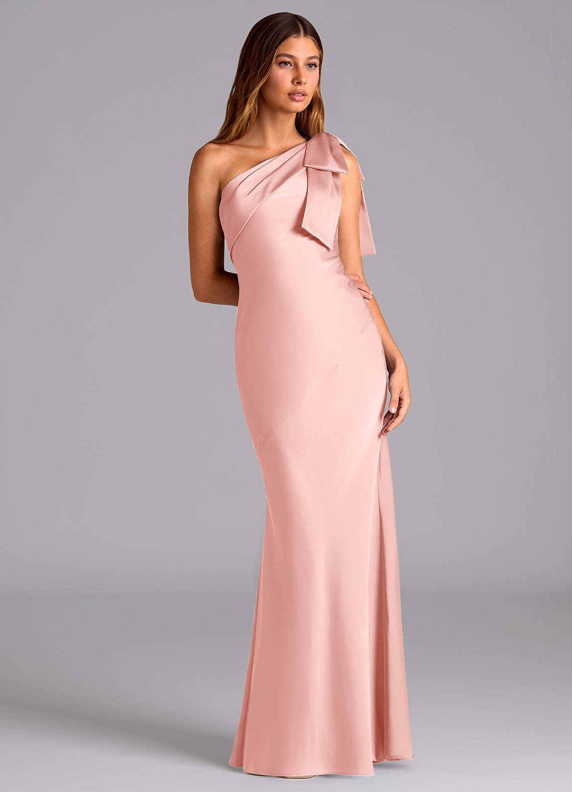 Azazie Yuanna Bridesmaid Dresses Powder Pink Mermaid One Shoulder Stretch Satin Dress image4