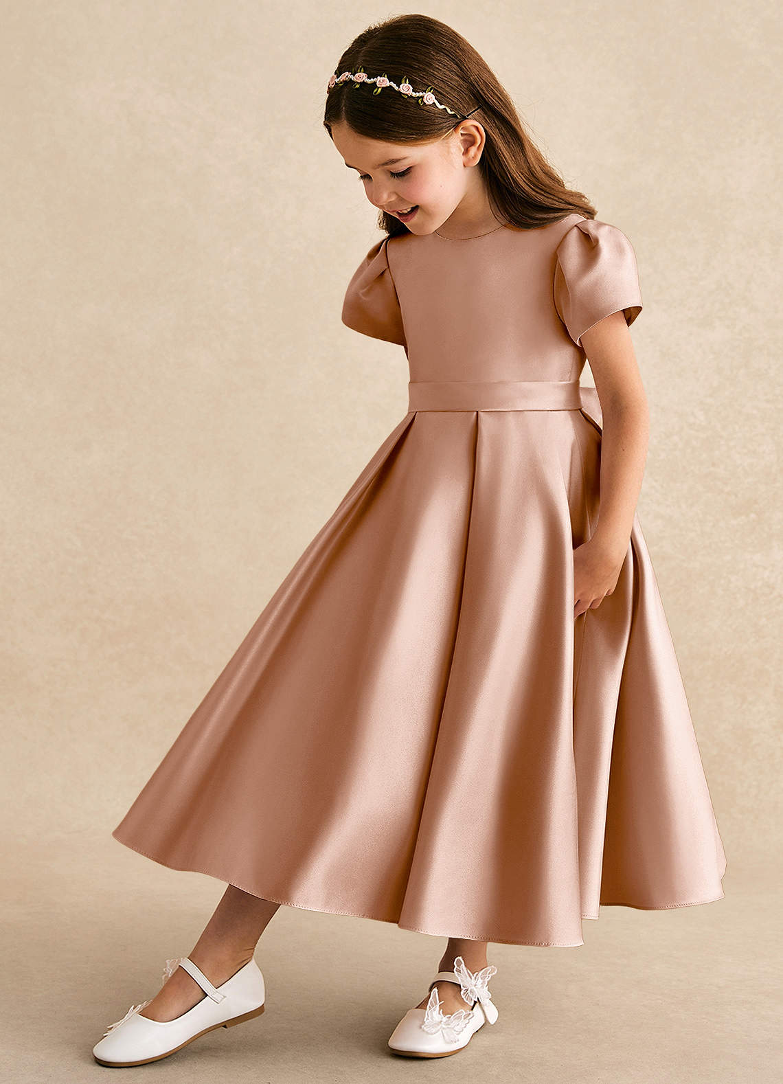 Azazie Princess Flower Girl Dresses Champagne Rose A-Line Pleated Matte Satin Dress image1