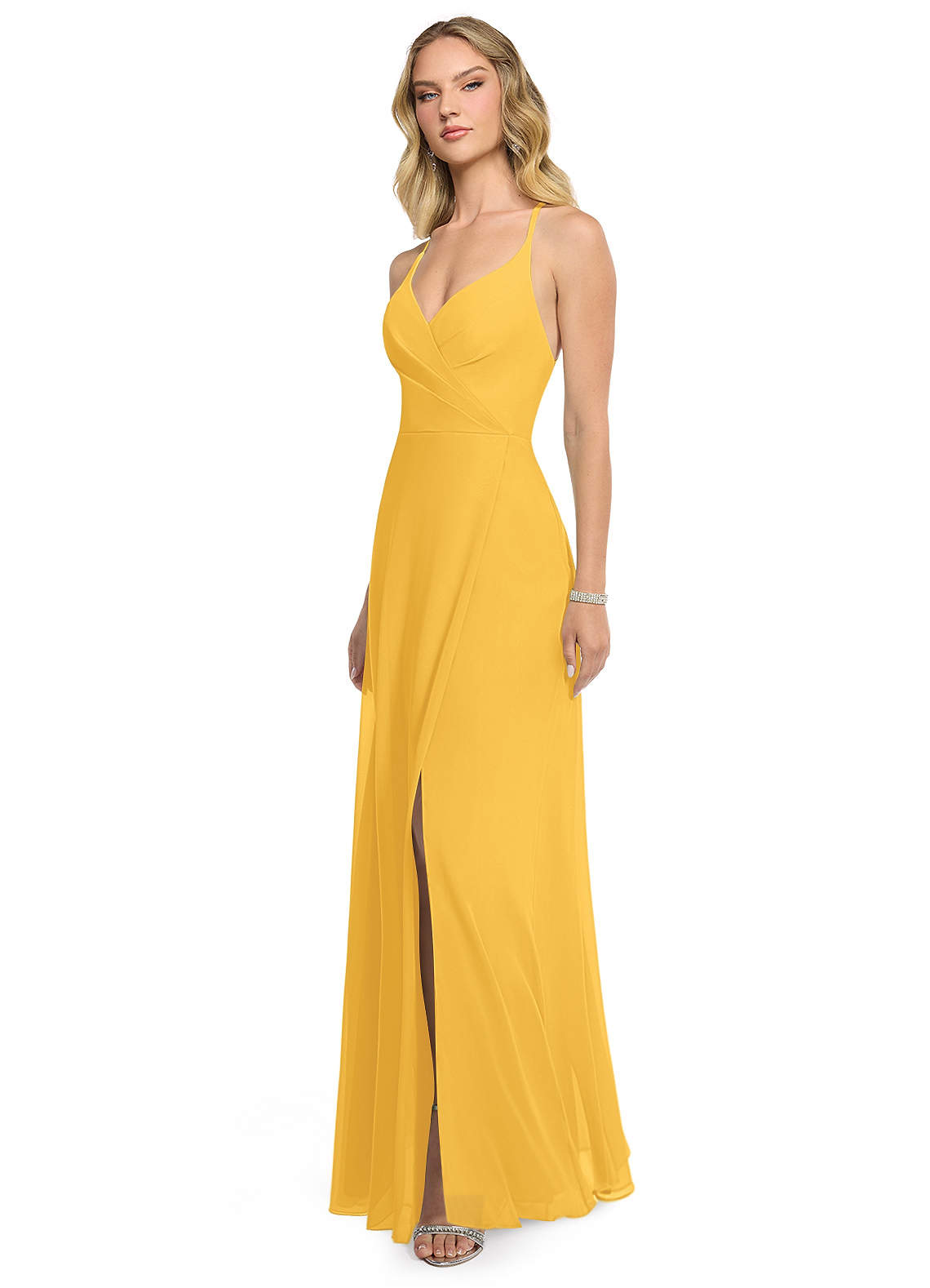 marigold dresses bridesmaid Marigold Yellow Bridesmaid Dress Sheath/Column Spaghetti Straps V-Neck Floor Length Chiffon Bridesmaid Dresses with Slit main image 1