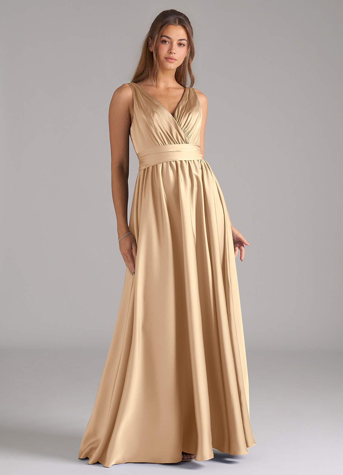 Azazie Kora Bridesmaid Dresses Champagne A-Line Pleated Stretch Satin Dress image1