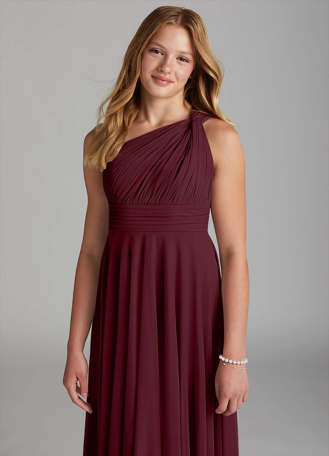 Azazie Charlize Junior Cabernet A-Line Mesh Dress image5