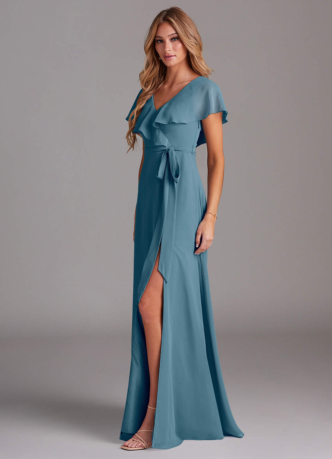 Azazie Lainey At-home Try On Dresses Dusty Sage A-Line with Pockets Chiffon Dress image3