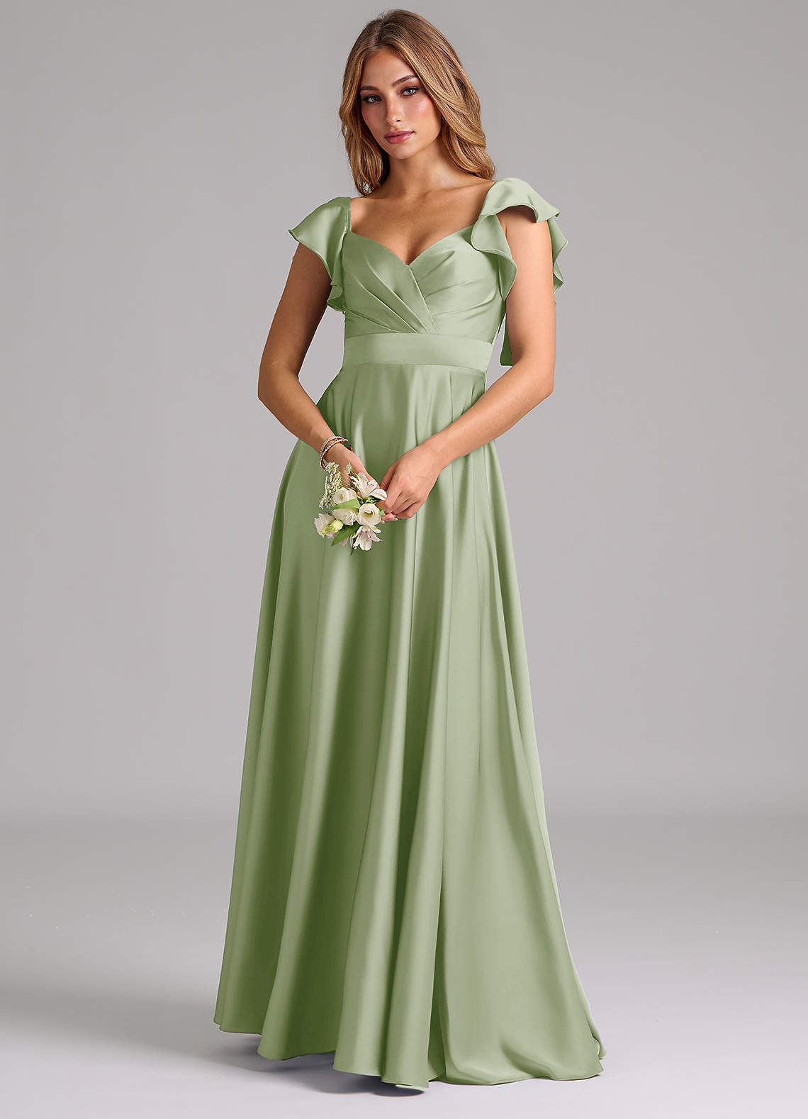 Azazie Leilani Robes de demoiselle d'honneur Robe Trapèze en Satin extensible Rayé Vert Sauge image6
