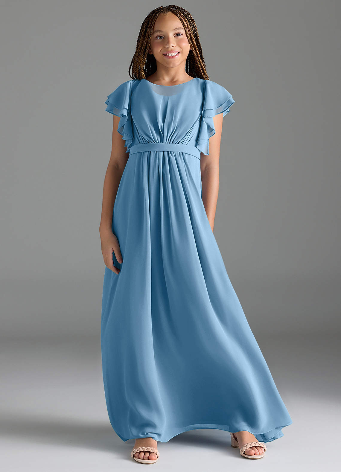 Azazie Daphne Junior Vestido de Dama de Honra na cor Aço Azul Azazie