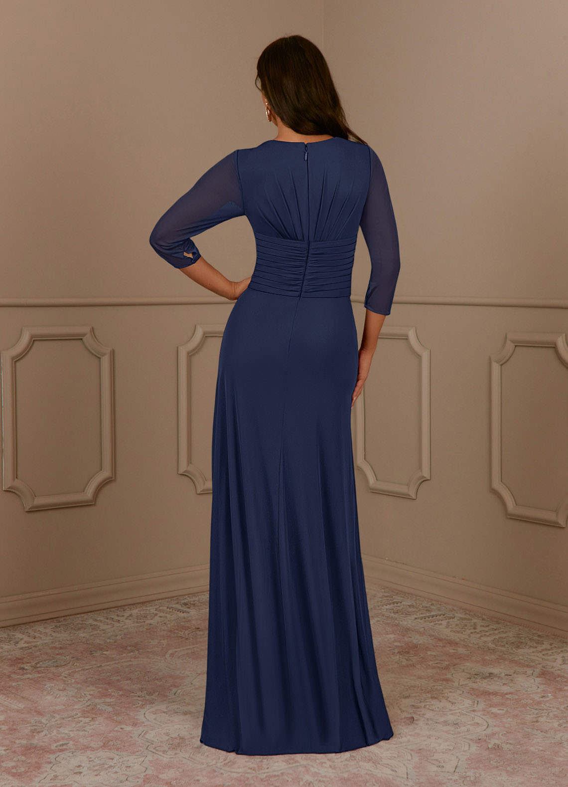 Azazie Annetta Mother of the Bride Dresses Dark Navy A-Line V-Neck Pleated Mesh Dress image3