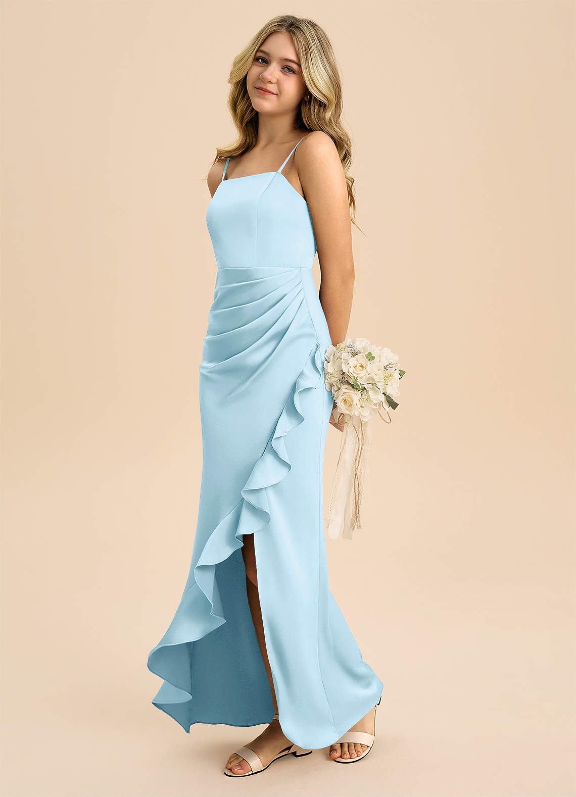 Azazie Buzzy Junior Sky Blue Sheath Pleated Stretch Satin Dress image5