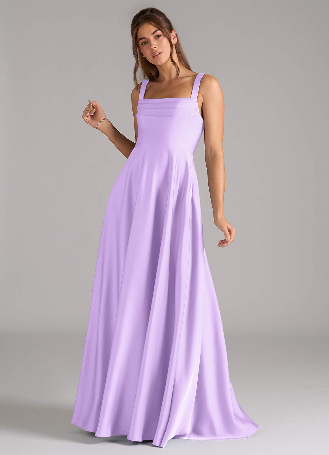Azazie Shaude Bridesmaid Dresses Lilac A-Line Pleated Stretch Satin Dress image4