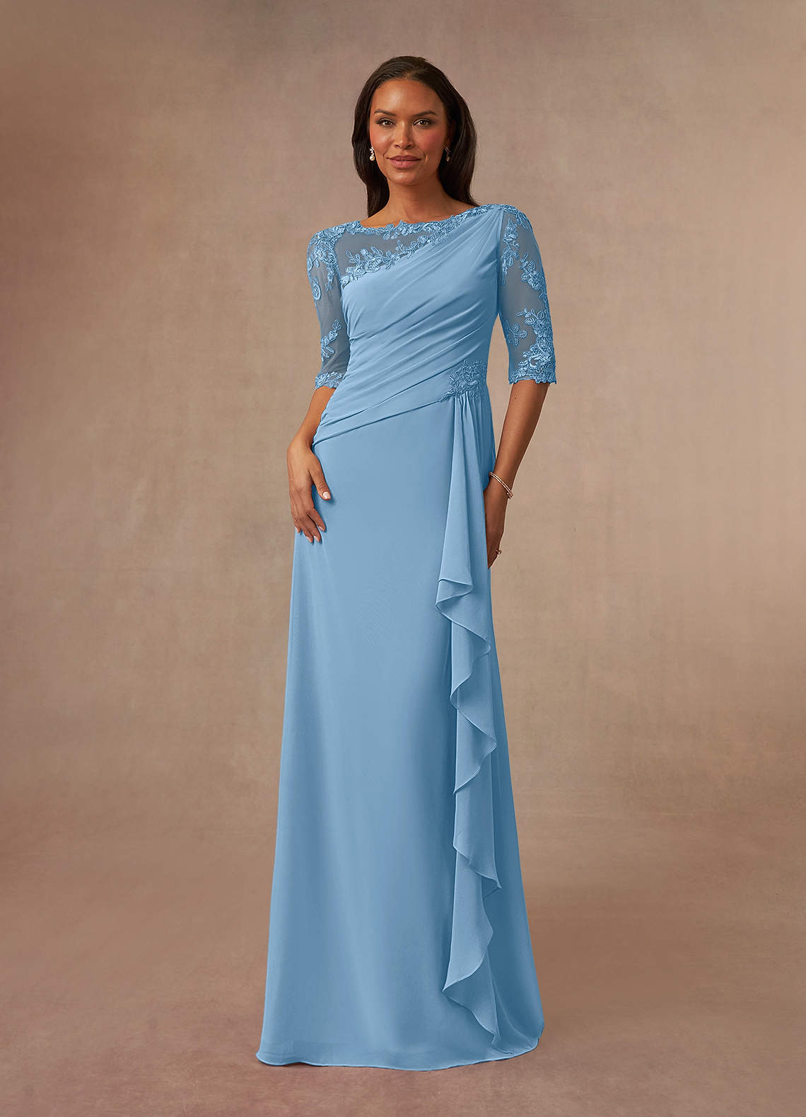 Azazie Dionysus vestidos de madre de la novia Vestido de Azul Acero de Gasa de Corte En A con Encaje cuello barco image1
