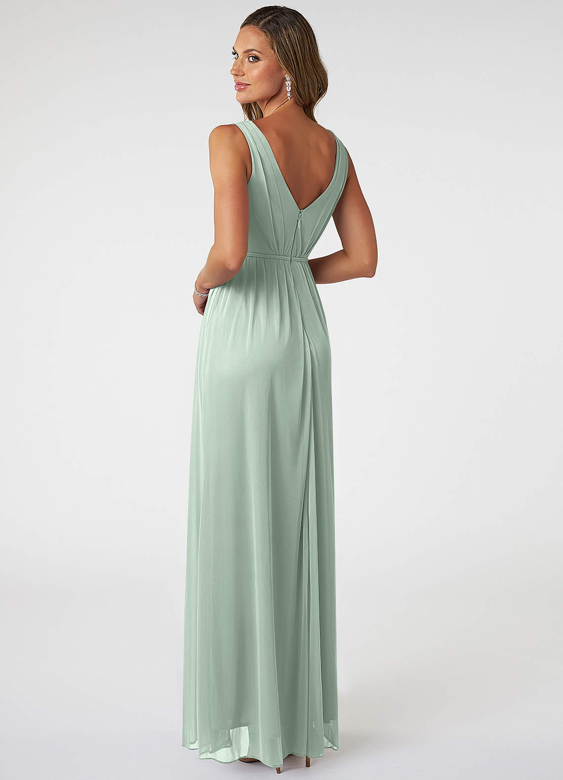 Azazie Tanicia Bridesmaid Dresses Agave A-Line V-Neck Pleated Mesh Dress image3
