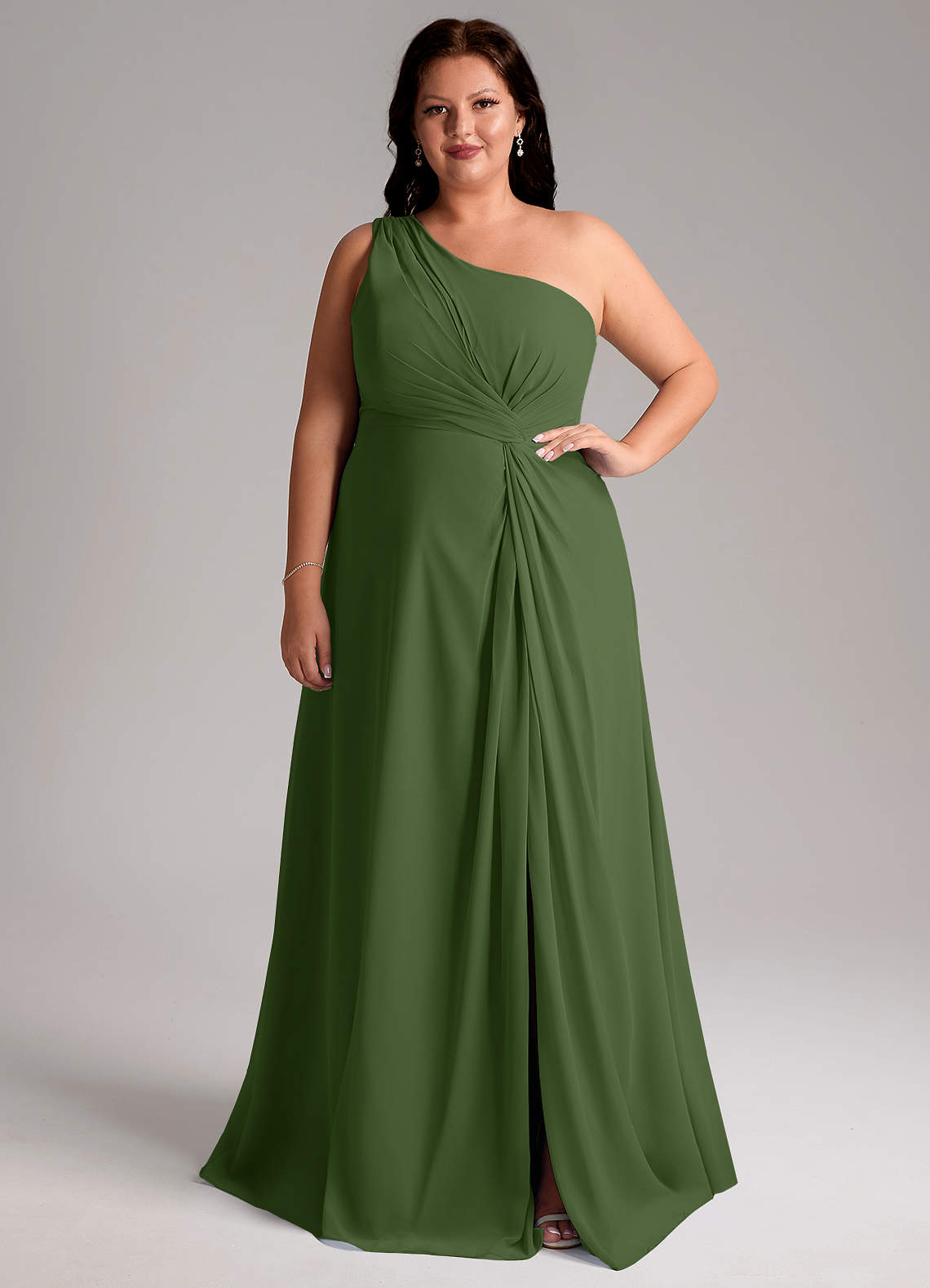 Azazie Brooke Bridesmaid Dresses Olive A-Line One Shoulder Chiffon Dress image1