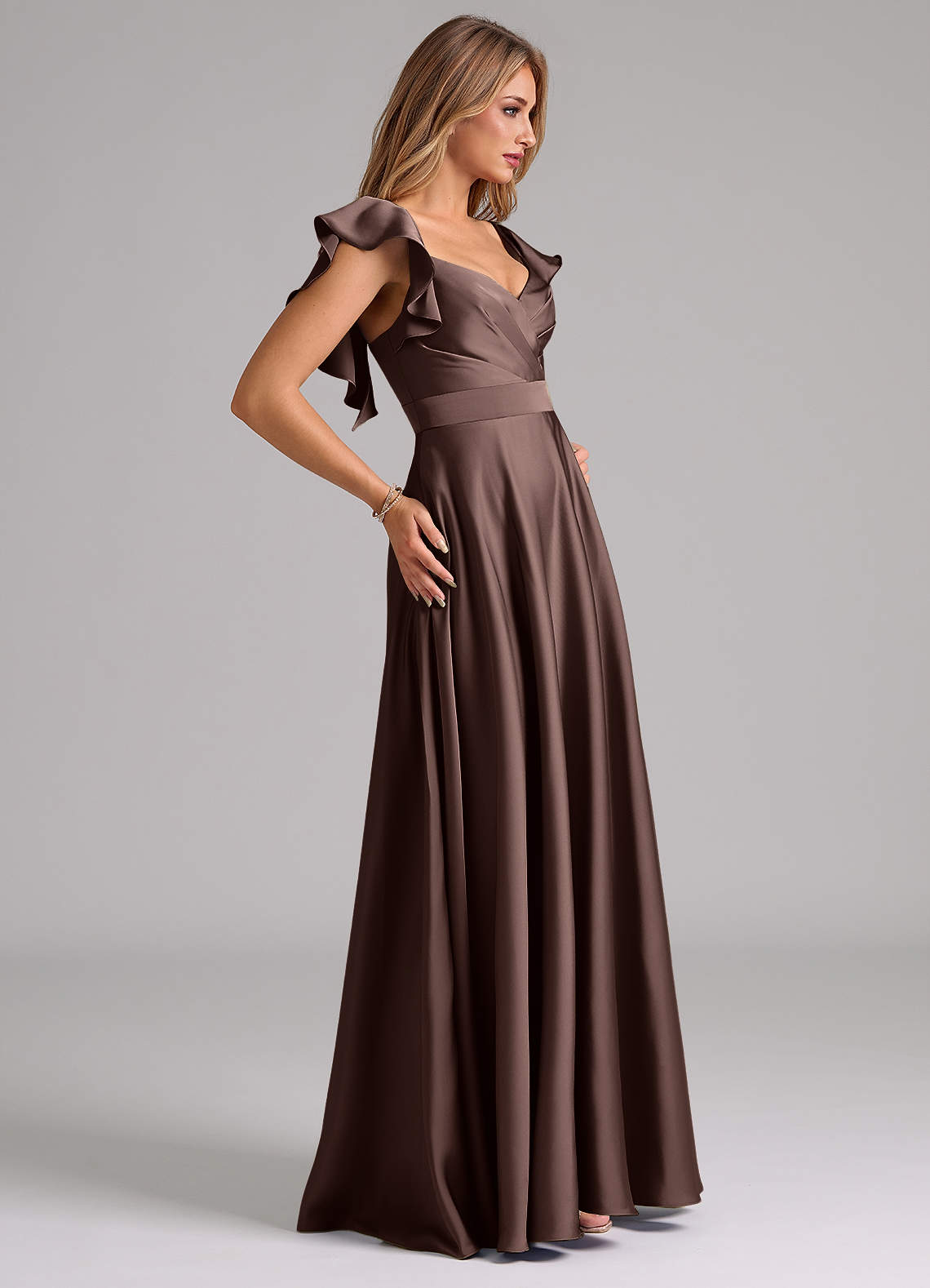 Azazie Leilani Bridesmaid Dresses Ganache A-Line Ruched Stretch Satin Dress image5