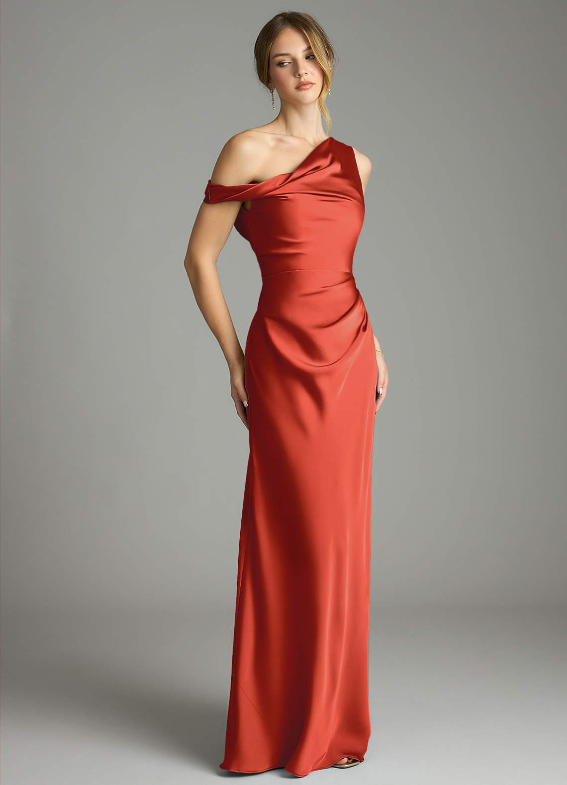 satin rust bridesmaid dresses Rust Bridesmaids Dress Spaghetti Straps V-Neck Ruched Floor Length Stretch Satin Bridesmaid Dress With Slit