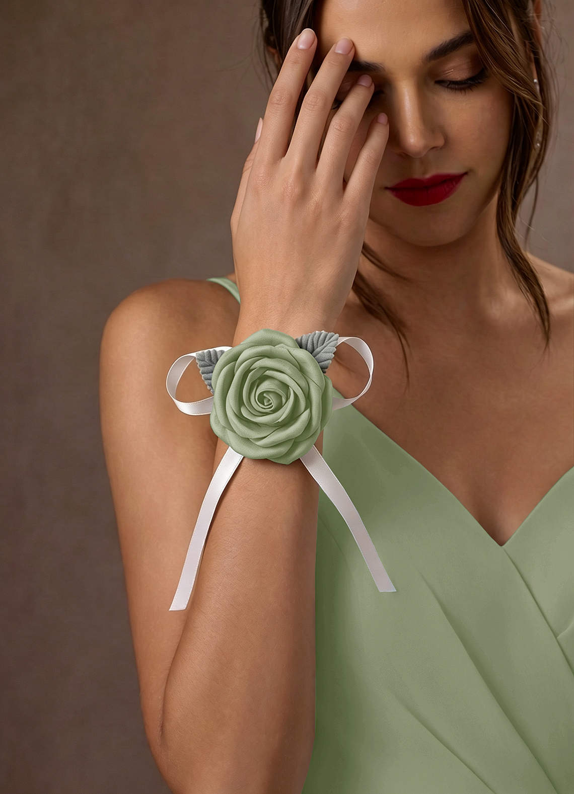 front Matching Color Stretch Satin Wrist Corsage