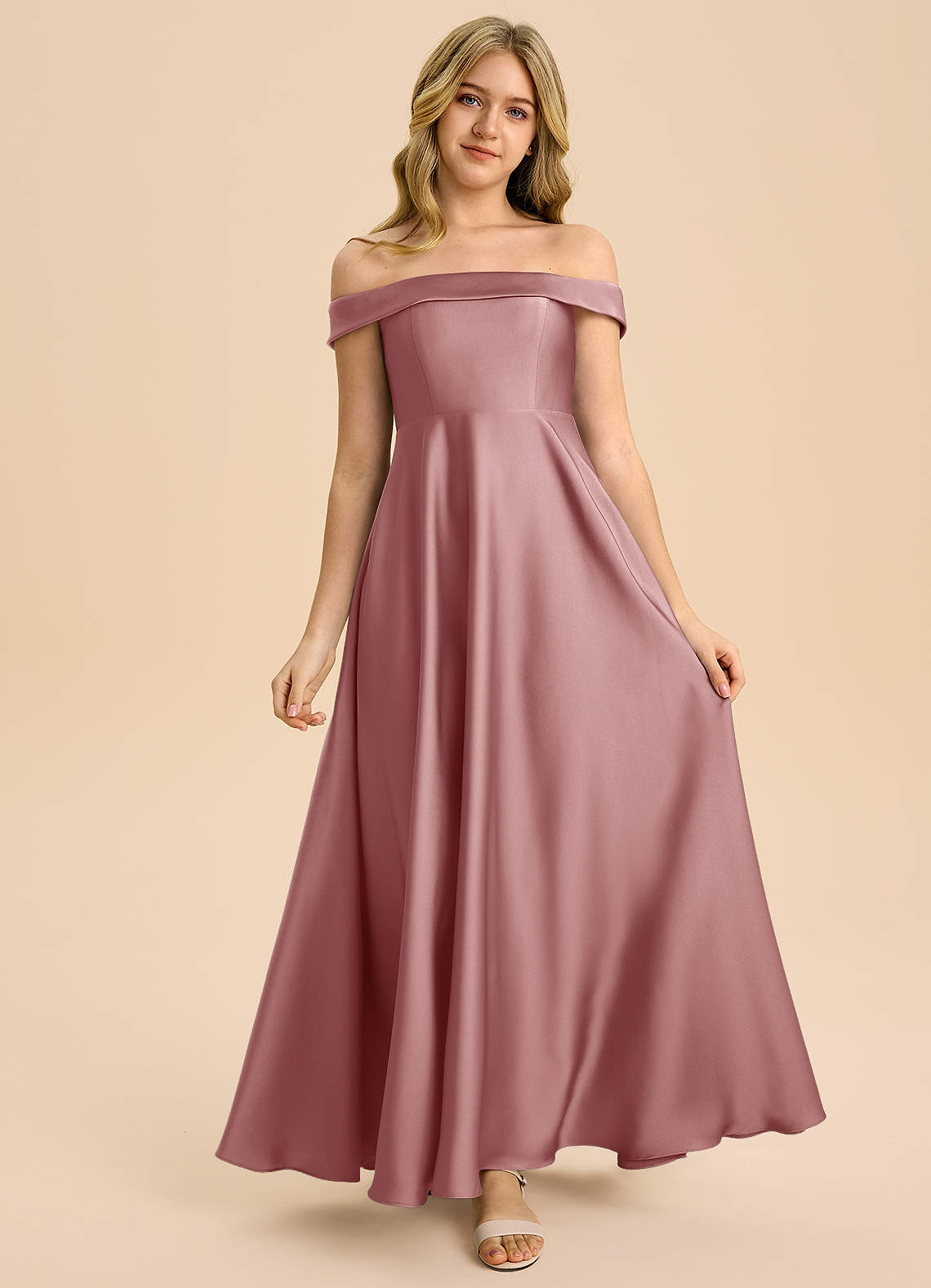 Azazie Sissy Junior Klä av A-Line i Stretch Satin Av axeln image3