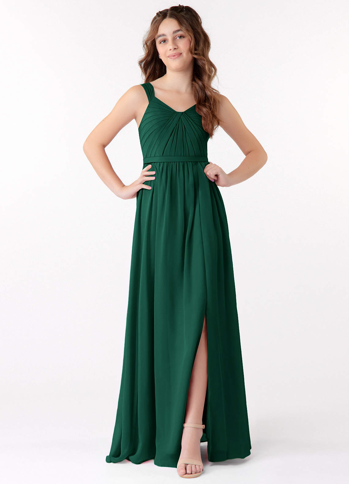 Azazie Evie Junior Emerald A-Line Pleated Chiffon Dress image1