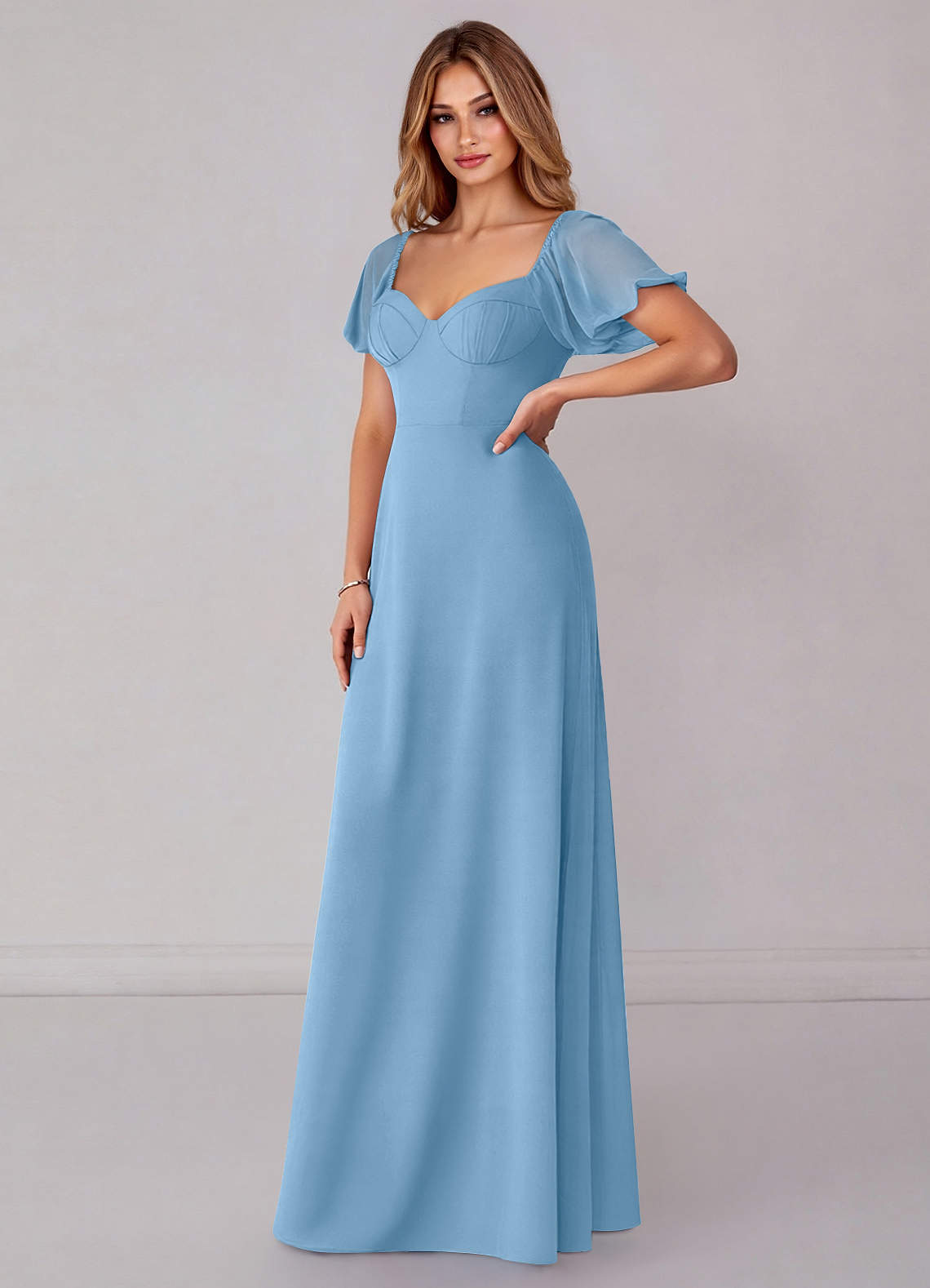 Azazie Fatima Robes de demoiselle d'honneur Robe Trapèze en Mousseline de soie avec poches Acier Bleuté image3