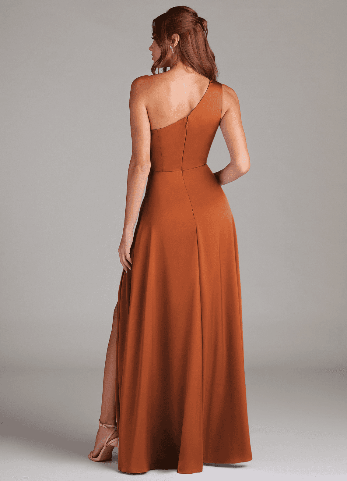 Azazie Brooke Bridesmaid Dresses Cinnamon A-Line One Shoulder Stretch Satin Dress image6