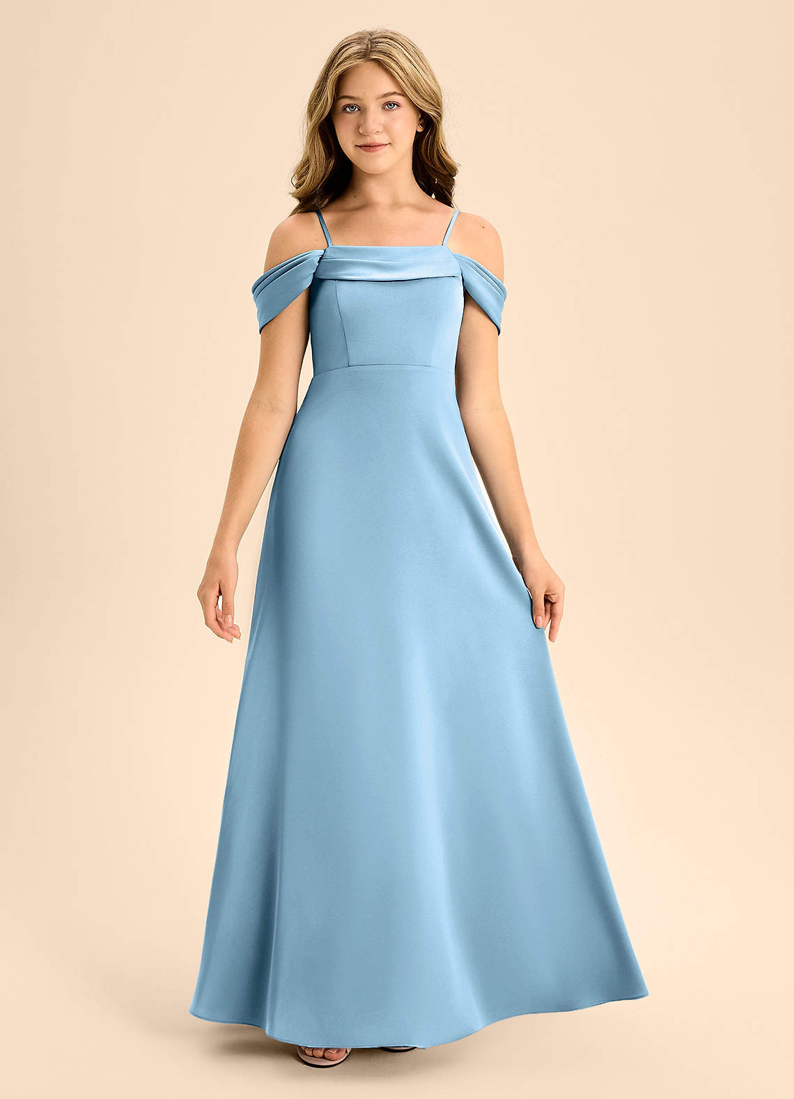 Azazie Anselie Junior Vestido de Azul Acero de Satén Elástico de Corte En A con Vestidos sin tirantes image6