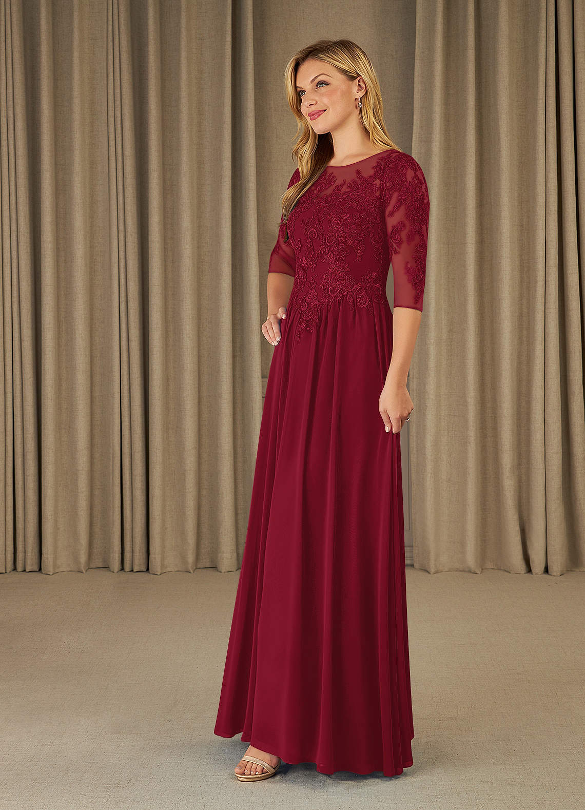 Azazie Mirielle Burgundy A-Line Scoop Lace Chiffon Dress | Azazie