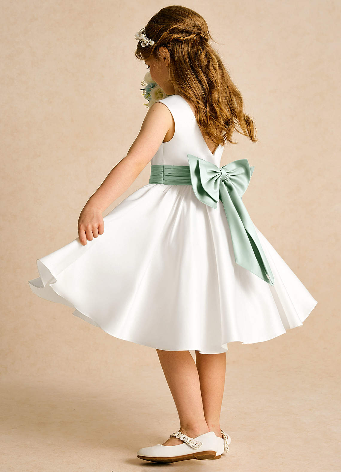Azazie Sosie Flower Girl Dresses Ivory Agave A-Line Pleated Matte Satin Dress image3