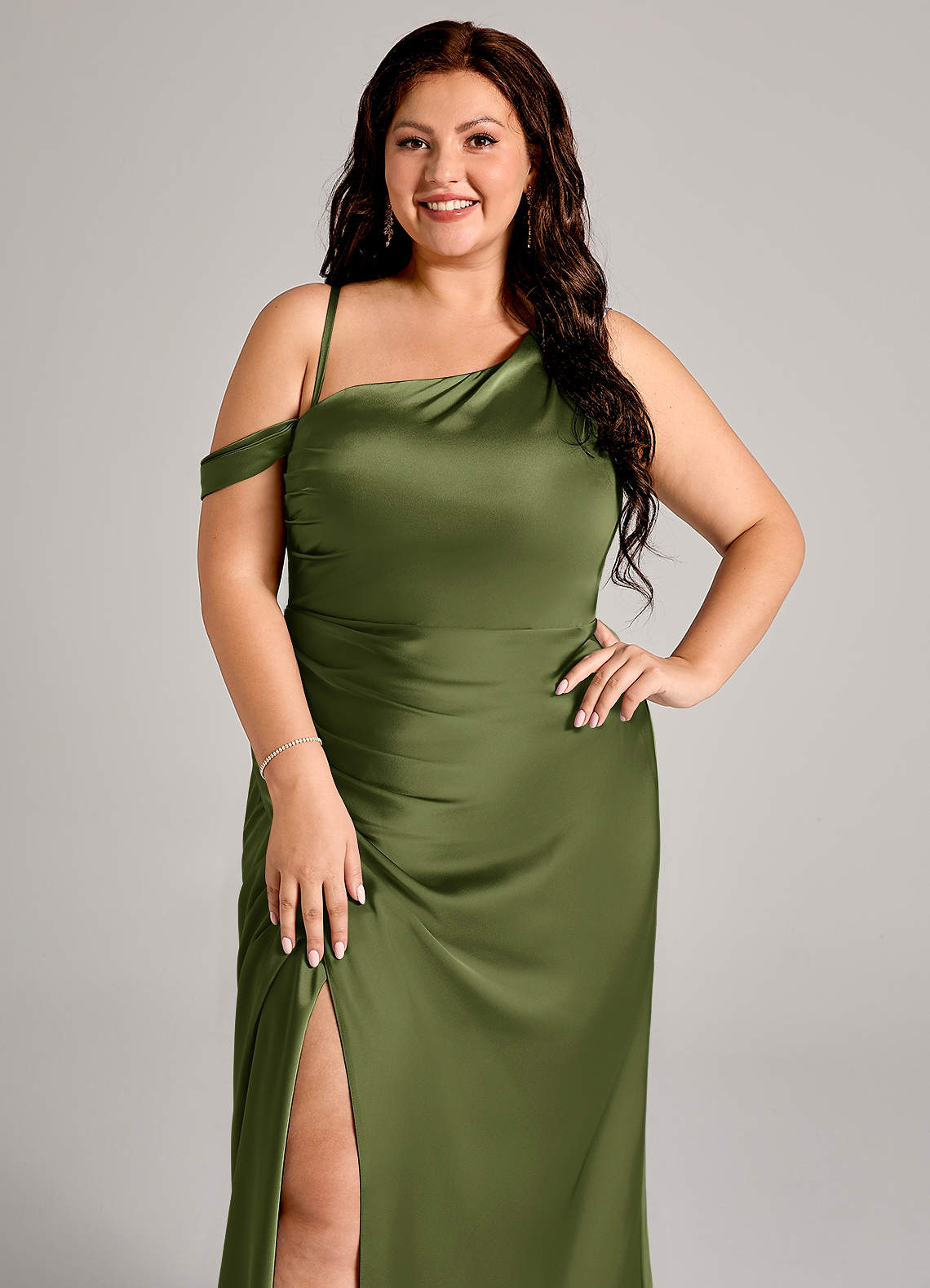 Azazie Madelyn Bridesmaid Dresses Olive Mermaid One Shoulder Stretch Satin Convertible Dress image10