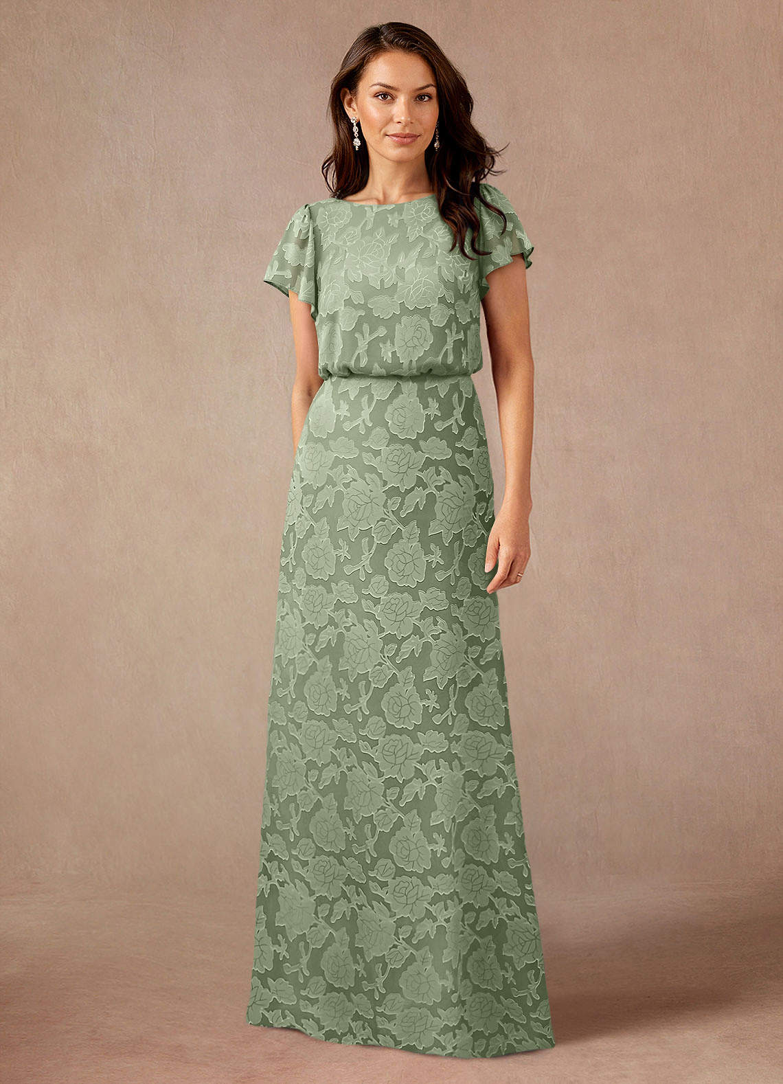 Azazie Lehi Mother of the Bride Dresses Dusty Sage A-Line Boatneck Floral Burnout Dress image1