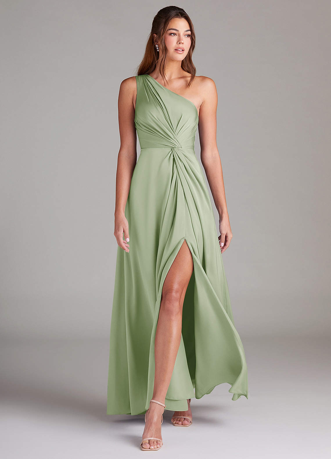 Azazie Brooke Bridesmaid Dresses Dusty Sage A-Line One Shoulder Stretch Satin Dress image2