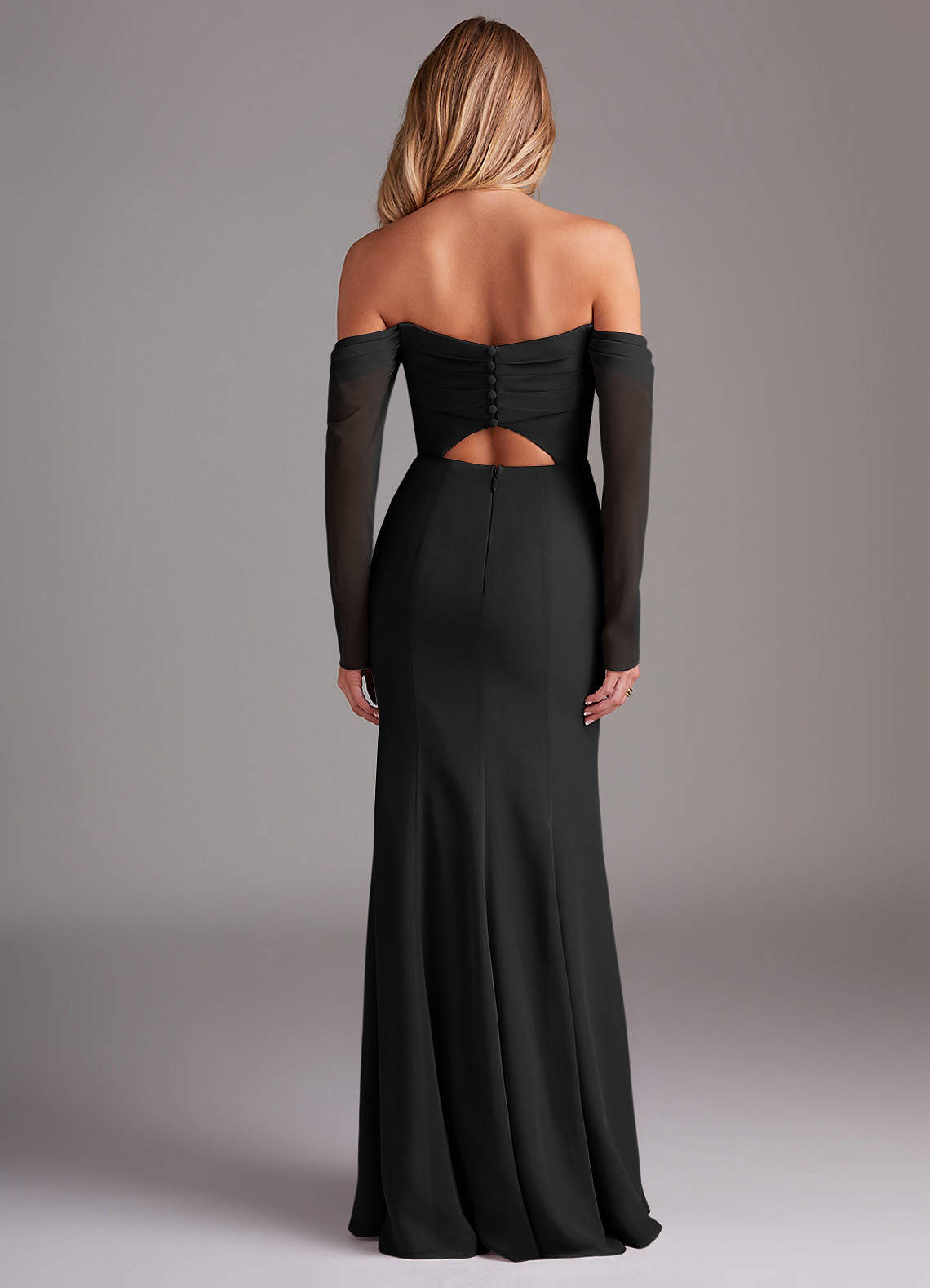 Azazie Hallie At-home Try On Dresses Black Mermaid Long Sleeve Chiffon Dress image7