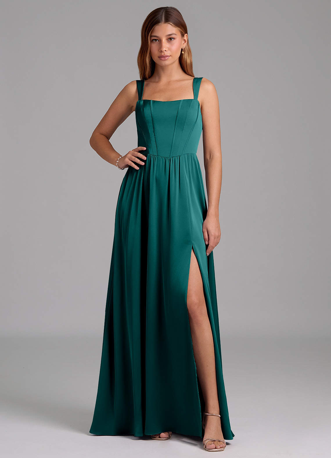 Azazie Rosaline Bridesmaid Dresses Peacock A-Line Side Slit Stretch Satin Dress image1
