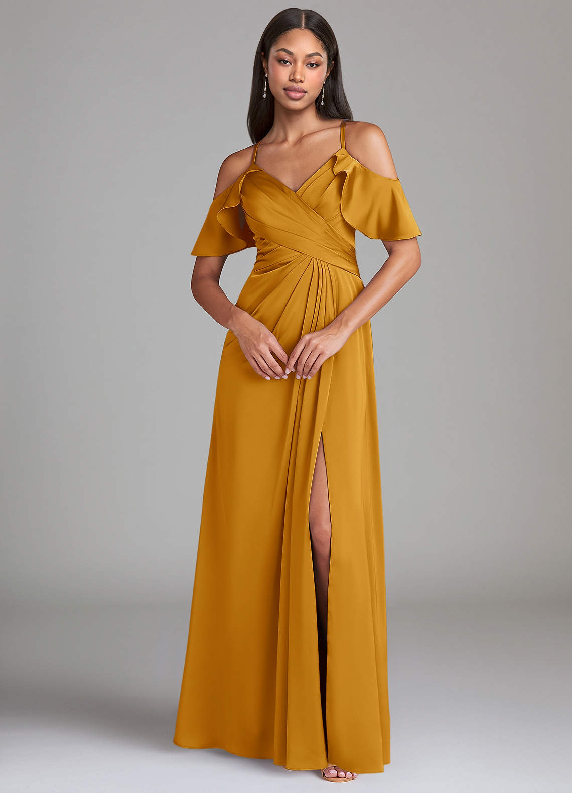 off the shoulder satin a line bridesmaid dress Azazie Dakota
