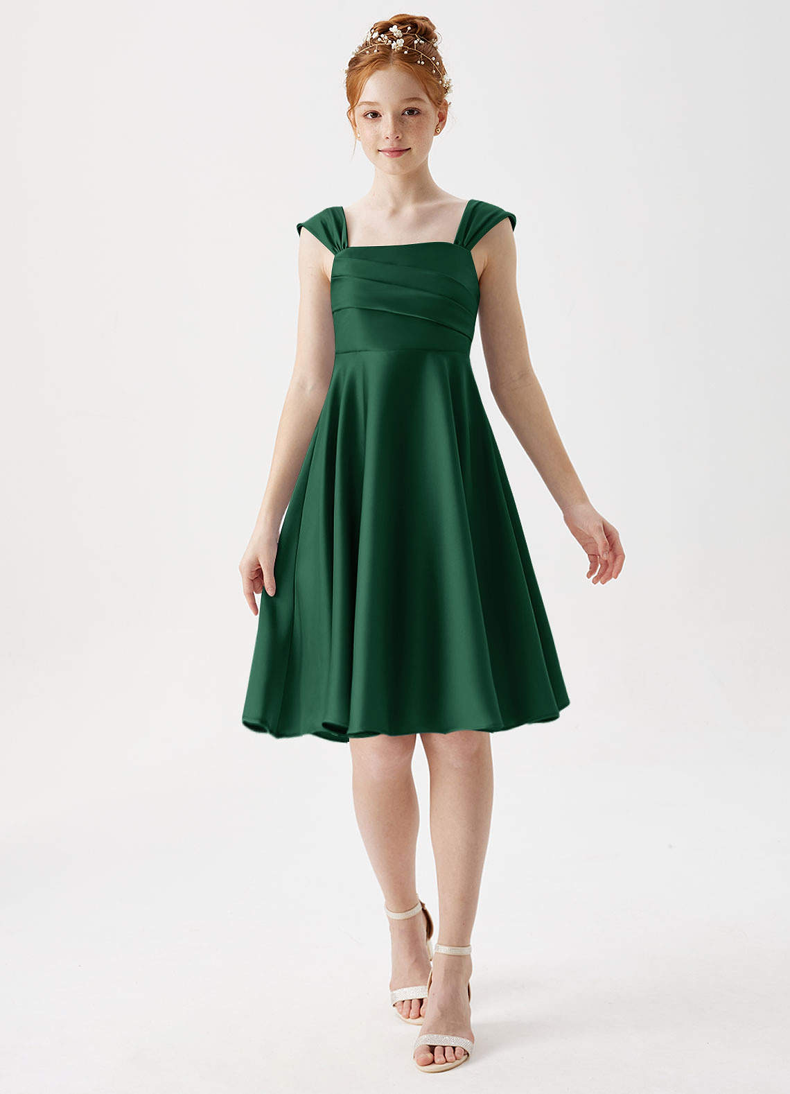 Azazie Amira Junior Dark Green A-Line Pleated Stretch Satin Dress image1