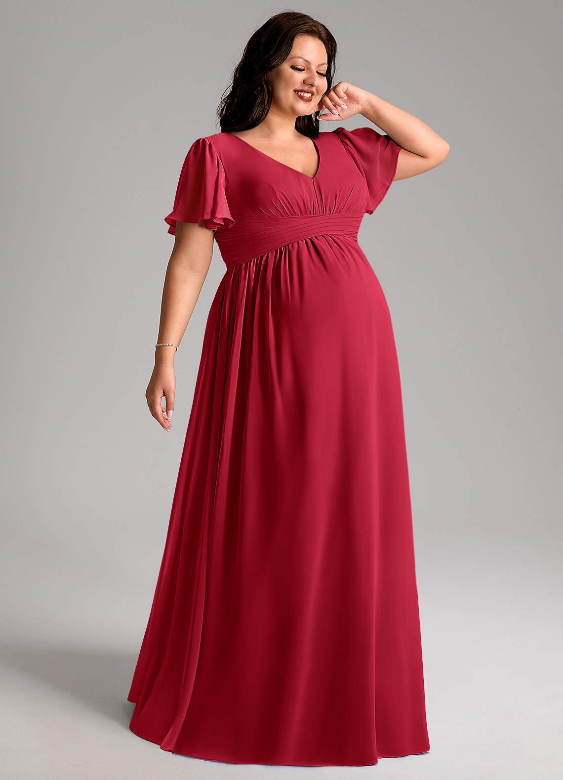 Azazie Verna Maternity Bridesmaid Dresses A-Line V-Neck Ruched Chiffon Floor-Length Dress image1