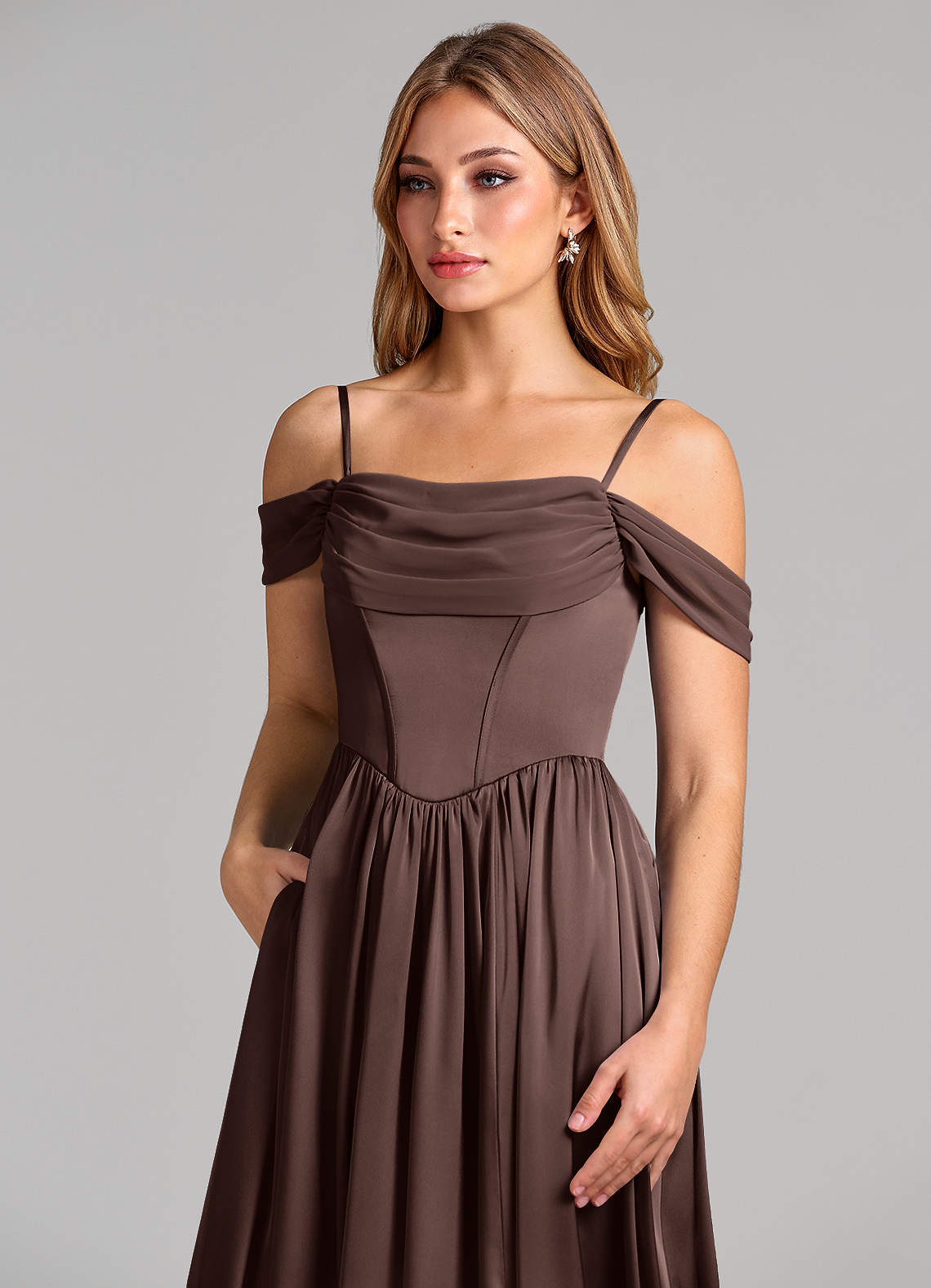 Azazie Raisa Ready to Ship Ganache Stretch Satin Bridesmaid