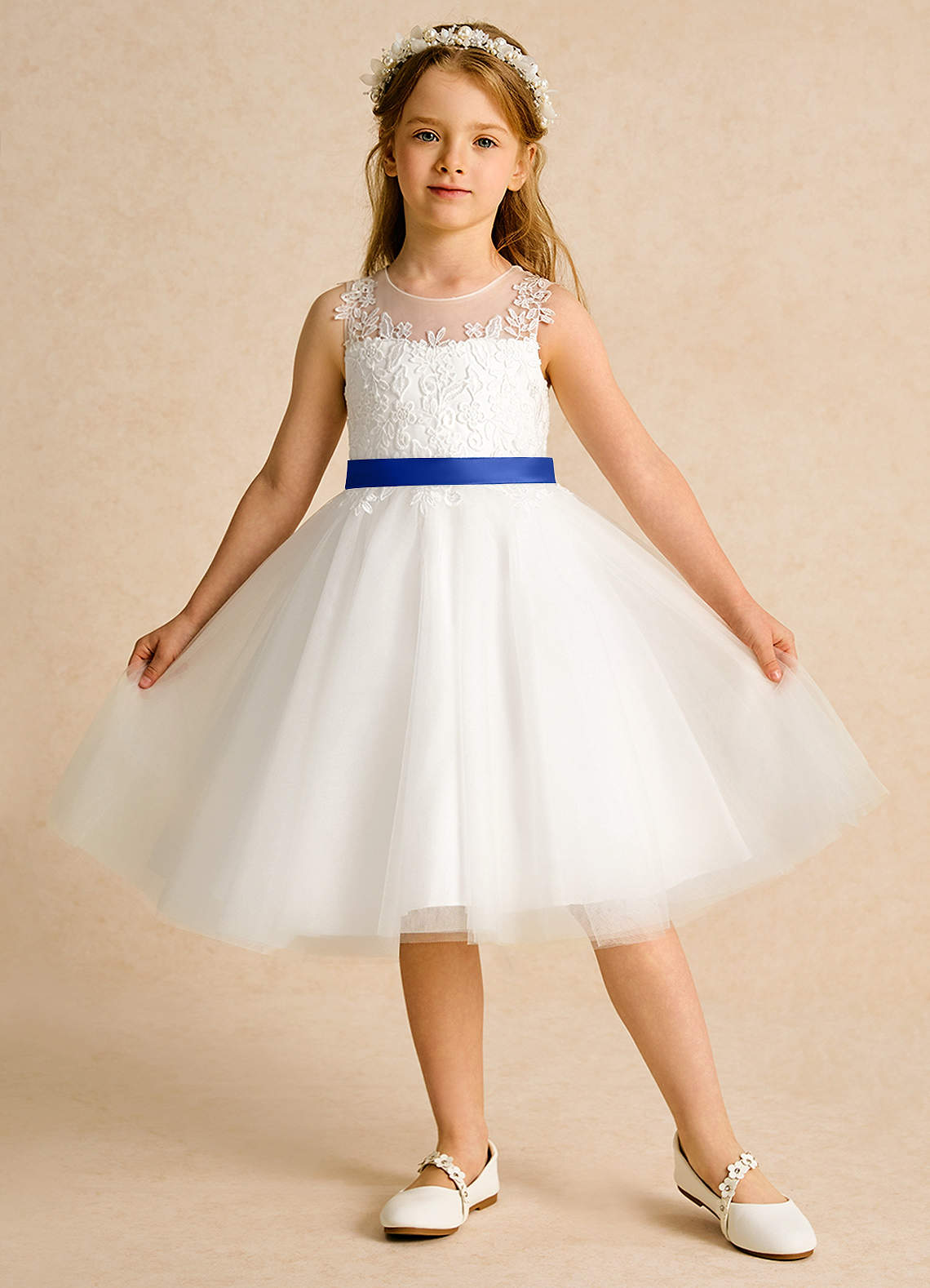 Azazie Lettie vestidos de niña de las flores Vestido de Marfil Azul Real de Encaje de Princesa image1