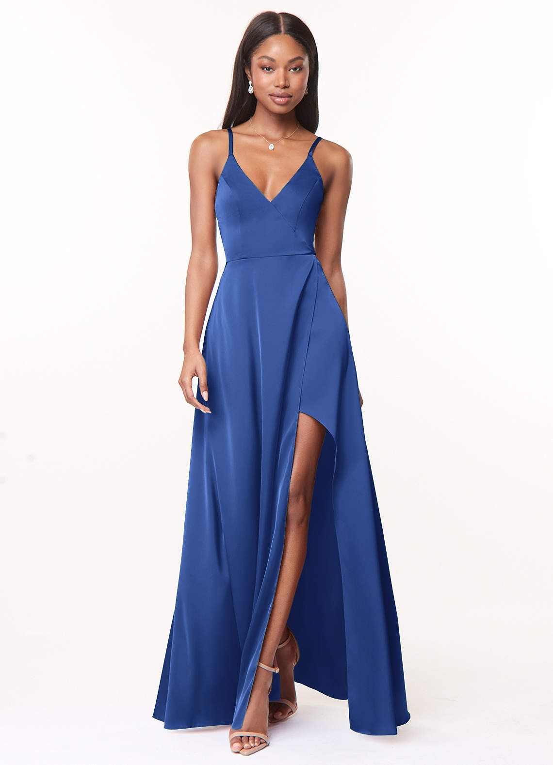 royal blue high low bridesmaid dresses Royal Blue Thistle Blue Bridesmaid Dresses Cowl-Neckline A-line Slit  Bridesmaids Or Evening Gown BD104B