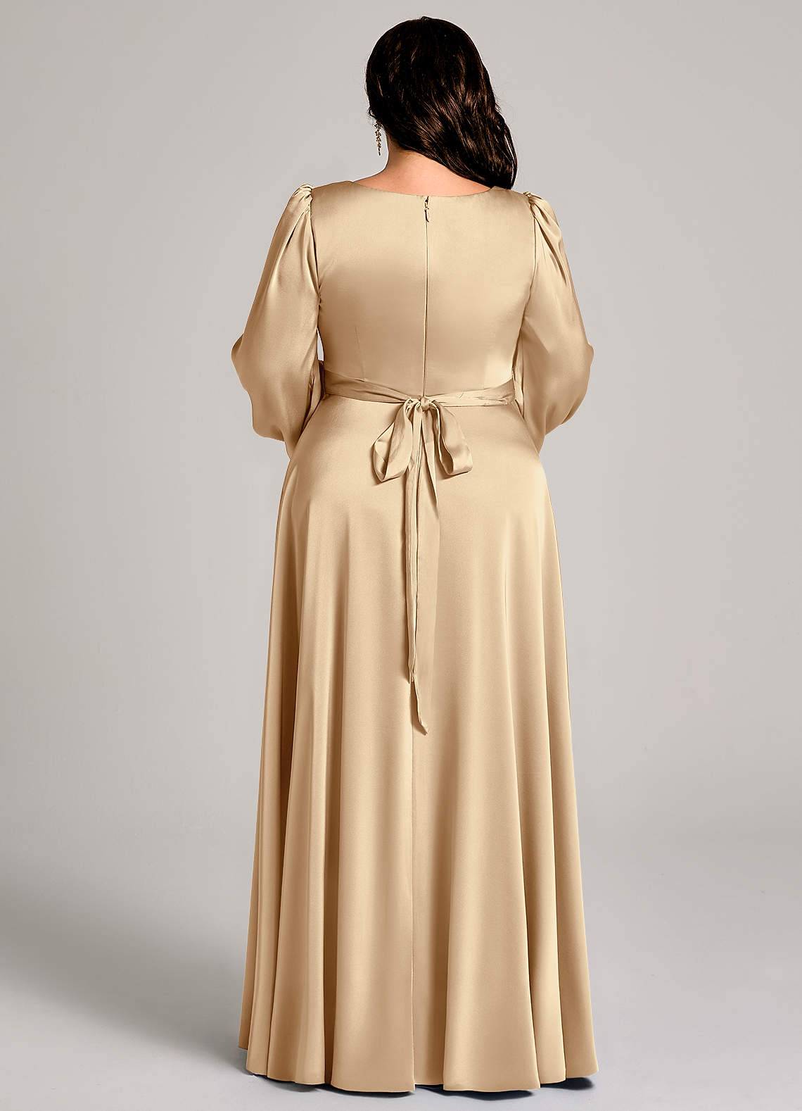 Azazie A-Line Square Neck Long Sleeve Floor-Length Stretch Satin Bridesmaid Dresses - Champagne