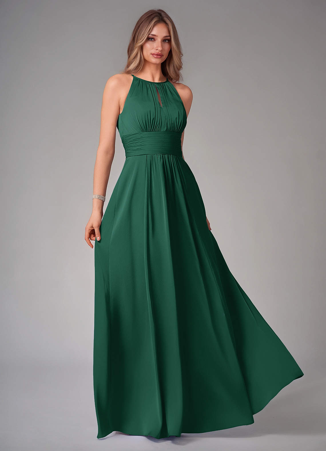 Azazie Bonnie Bridesmaid Dresses Dark Green A-Line Pleated Stretch Satin Dress image1