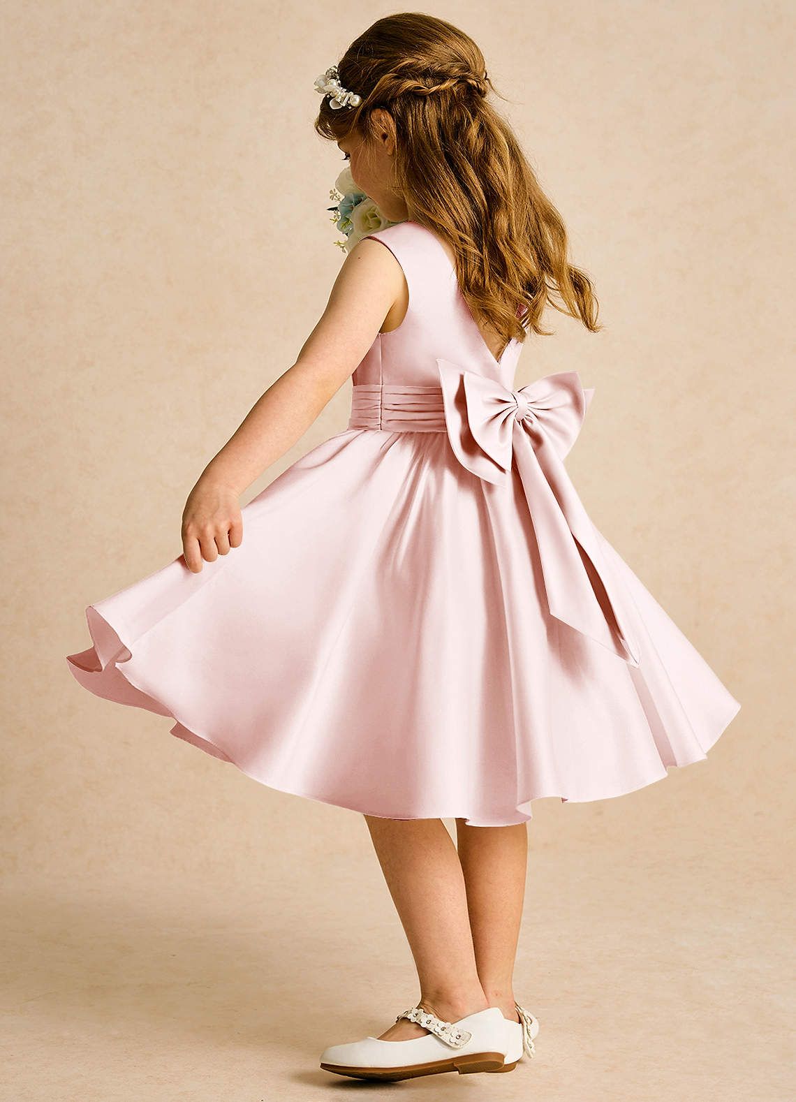 Azazie Sosie Robe Demoiselle D'honneur Fillette Robe Trapèze en Mat Satiné Plissée Rose Blush Rose Blush image3