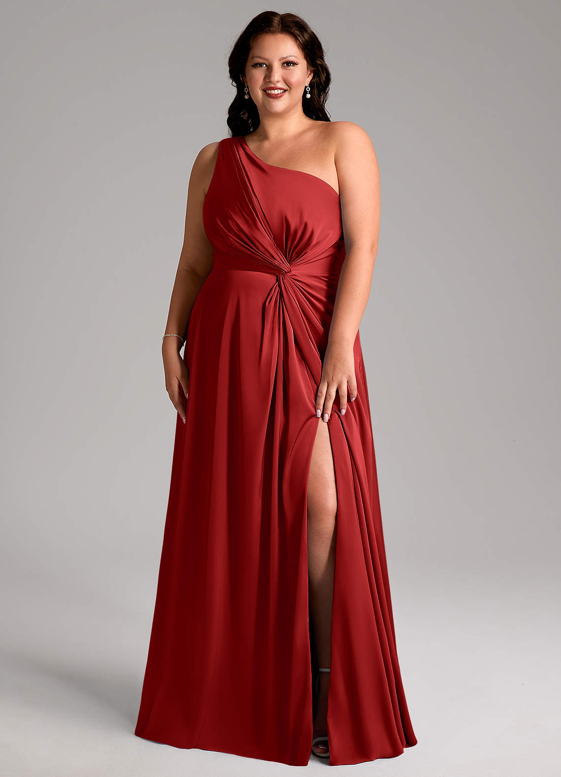 Azazie Brooke Bridesmaid Dresses Pomegranate A-Line One Shoulder Stretch Satin Dress image1