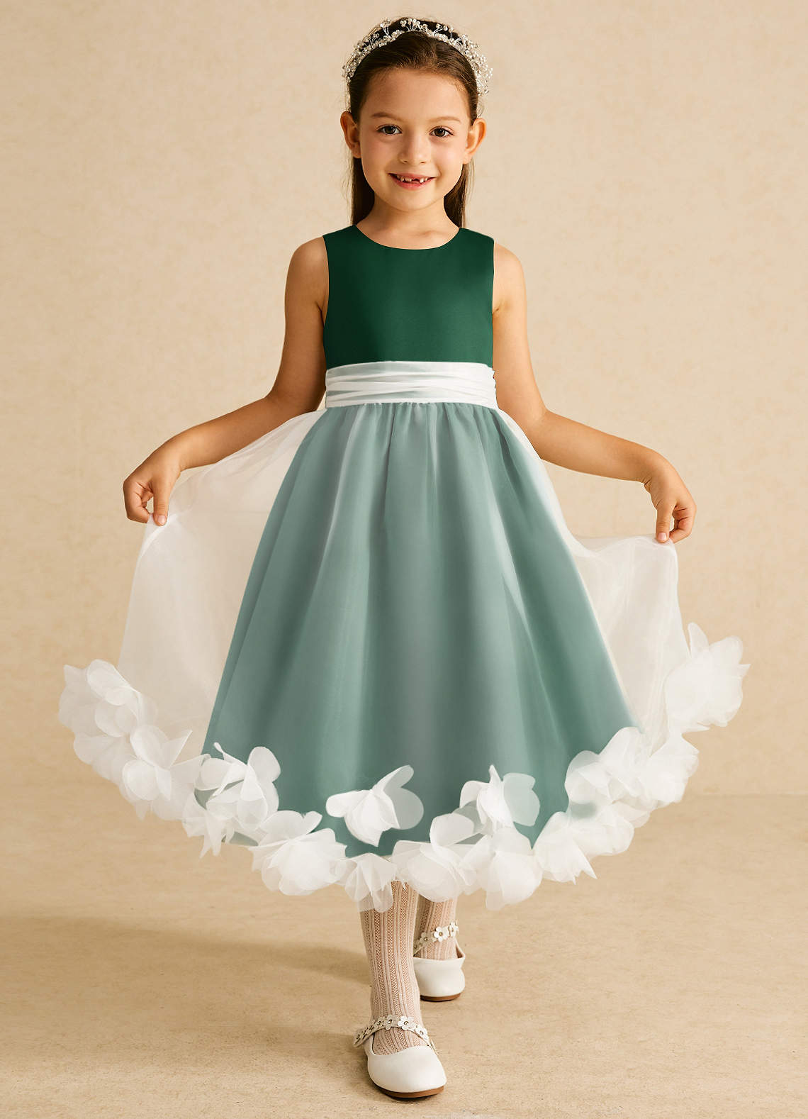 Azazie A-Line Scoop Neck Tea-Length Organza Flower Girl Dresses - Dark Green