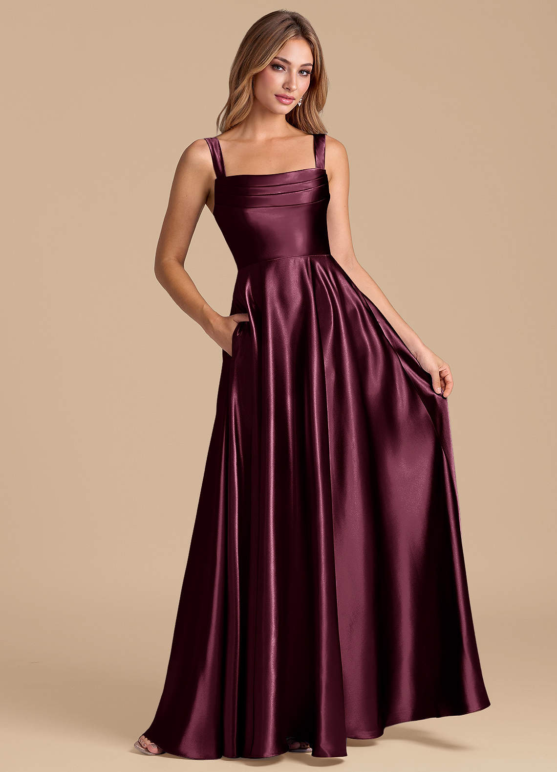 Azazie Shaude Brudtärnklänningar Klä av A-Linje i Metallisk satin Plisserad Cabernet image2