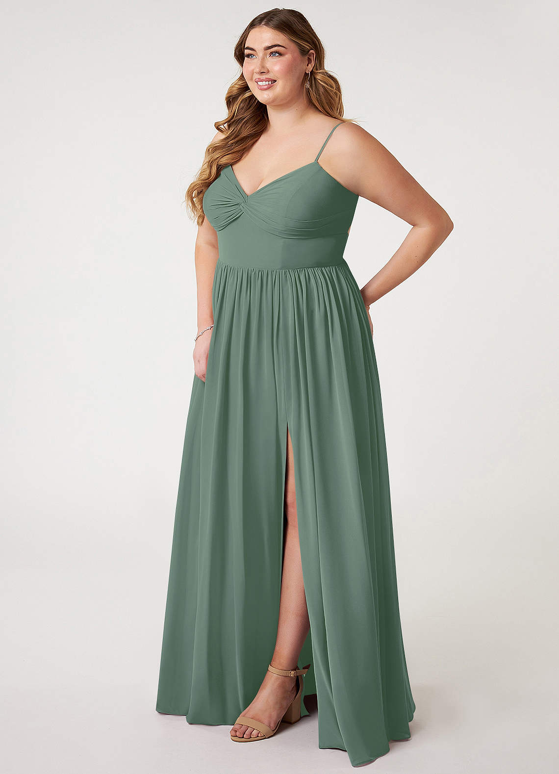 Azazie Zeya Bridesmaid Dresses Eucalyptus A-Line V-Neck Pleated Chiffon Dress image7