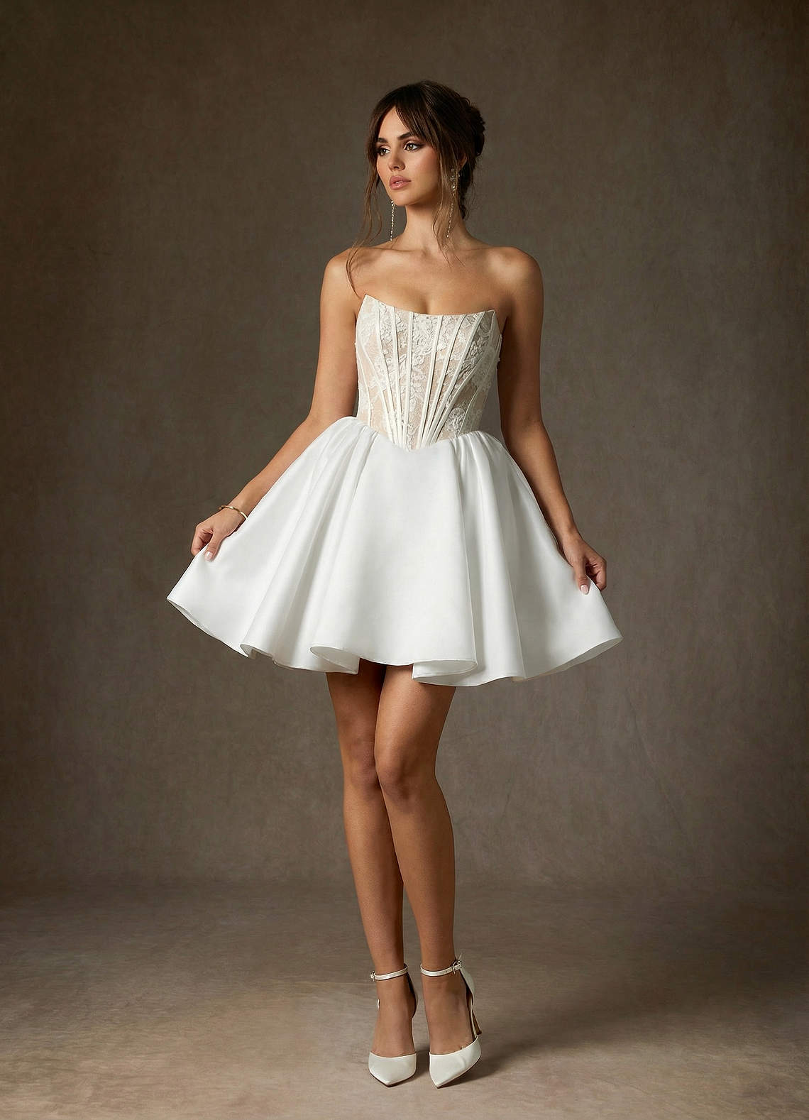 Azazie Barica Abiti da Sposa Abito A-Line in Pizzo Senza Cinturino Bianco Diamante Champagne image1