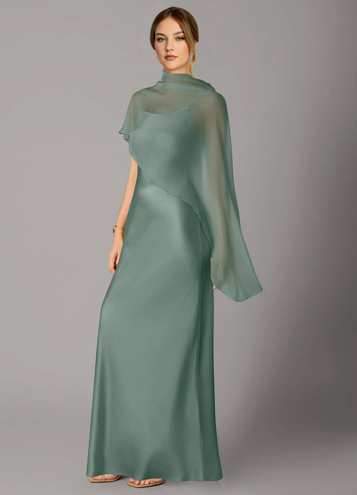 Azazie Jaleesa At-home Try On Dresses Agave A-Line High Neck Stretch Satin Dress image3