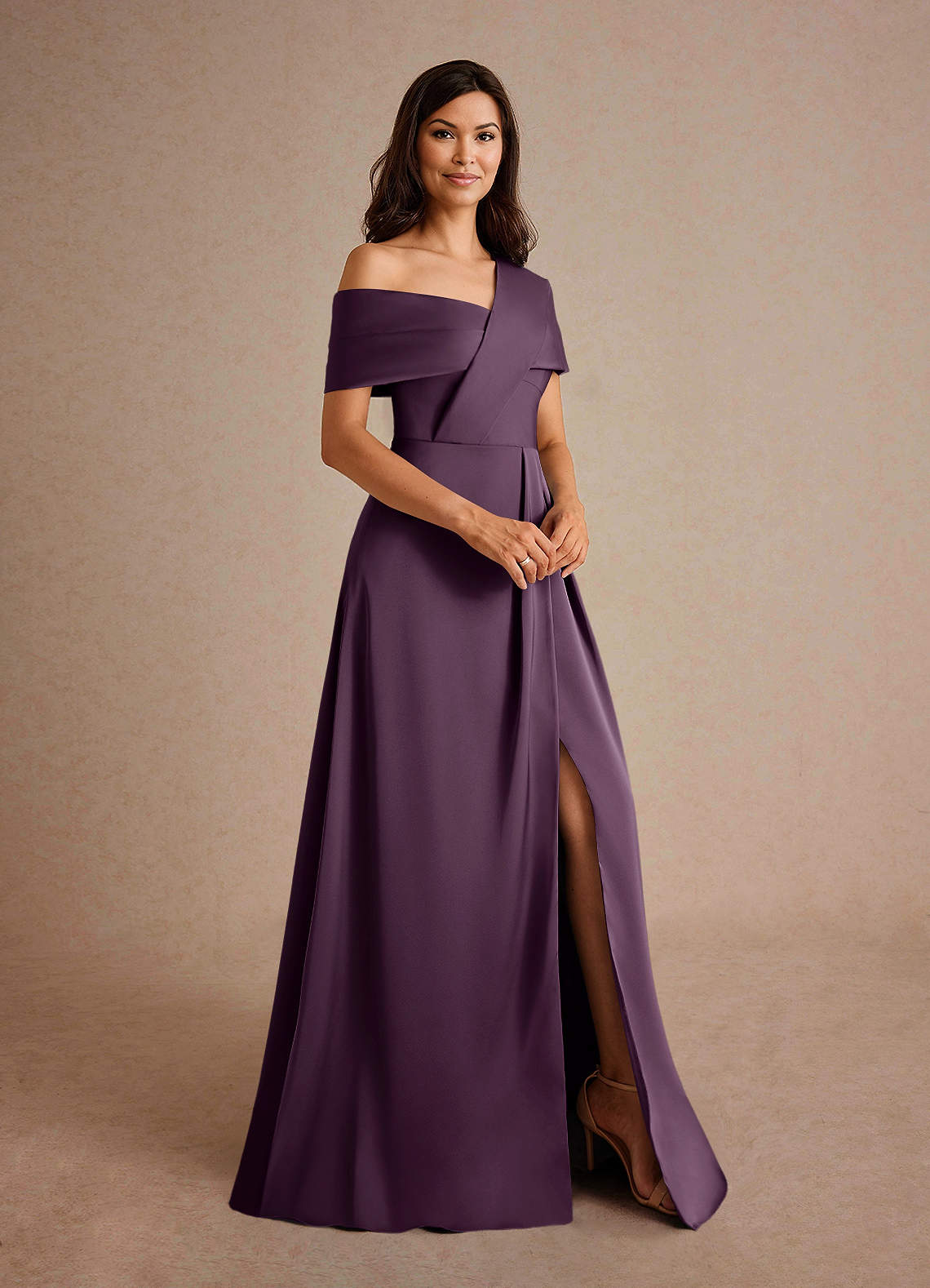 Azazie Milton Mother of the Bride Dresses Plum A-Line Pleated Stretch Satin Dress image5