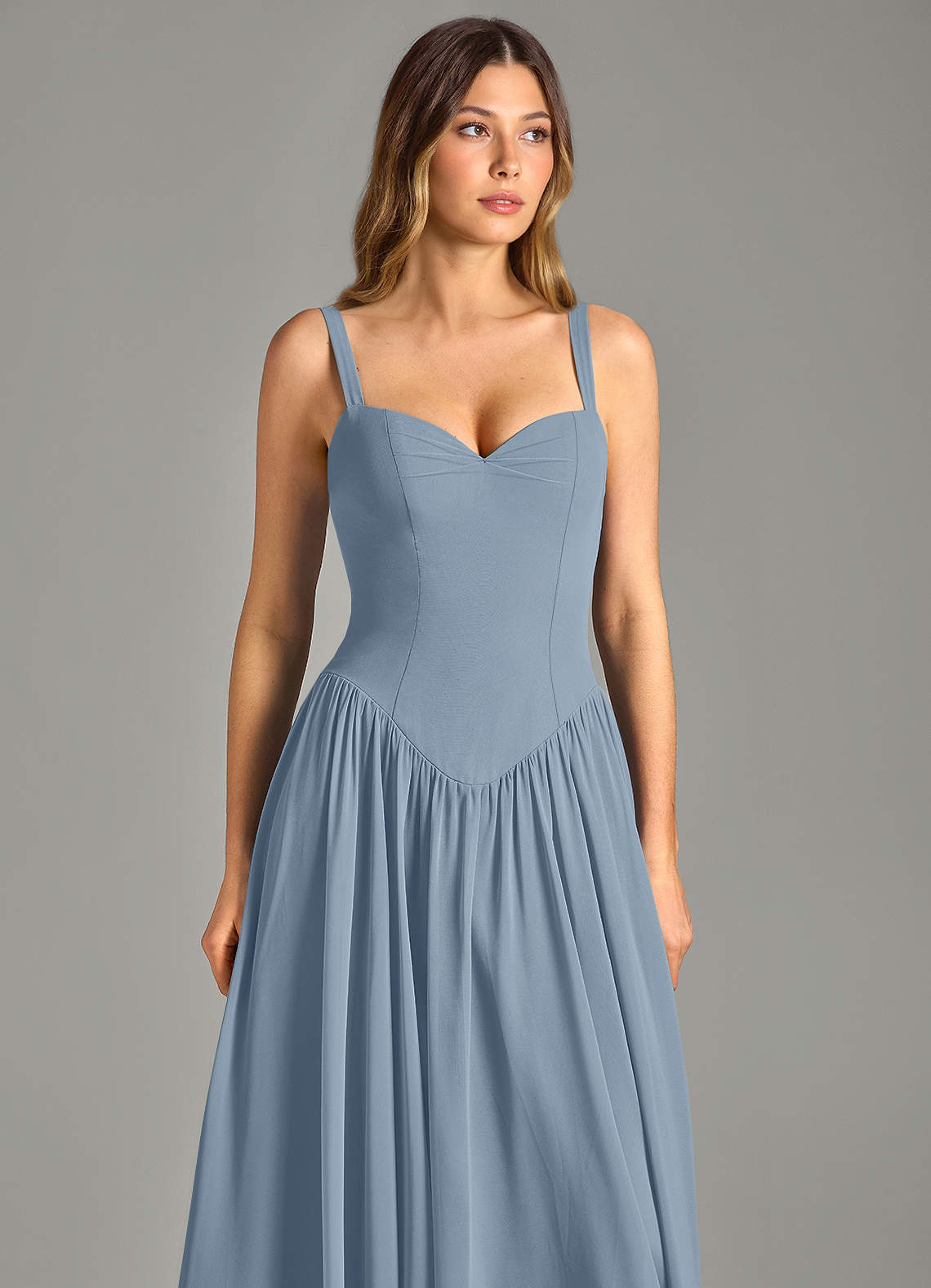 Azazie Evadina Kleider zum Anprobieren zu Hause A-Linie Korsett Chiffon Kleid Staubblau image5